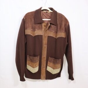 Miller Western Knit Cardigan Large Brown Mens Suede Trim Vintage
